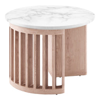 Round marble-top coffee table with a light wood slatted base, featuring a sleek, modern design in neutral tones.