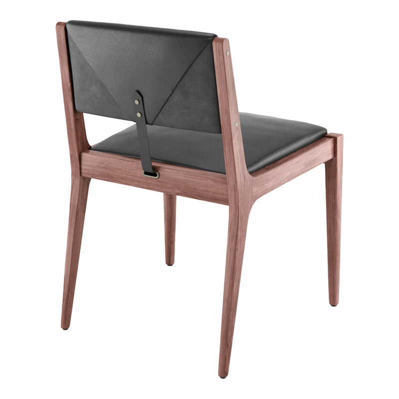 Back view of a modern chair featuring a black leather seat and back with a walnut finish and a minimalistic design.