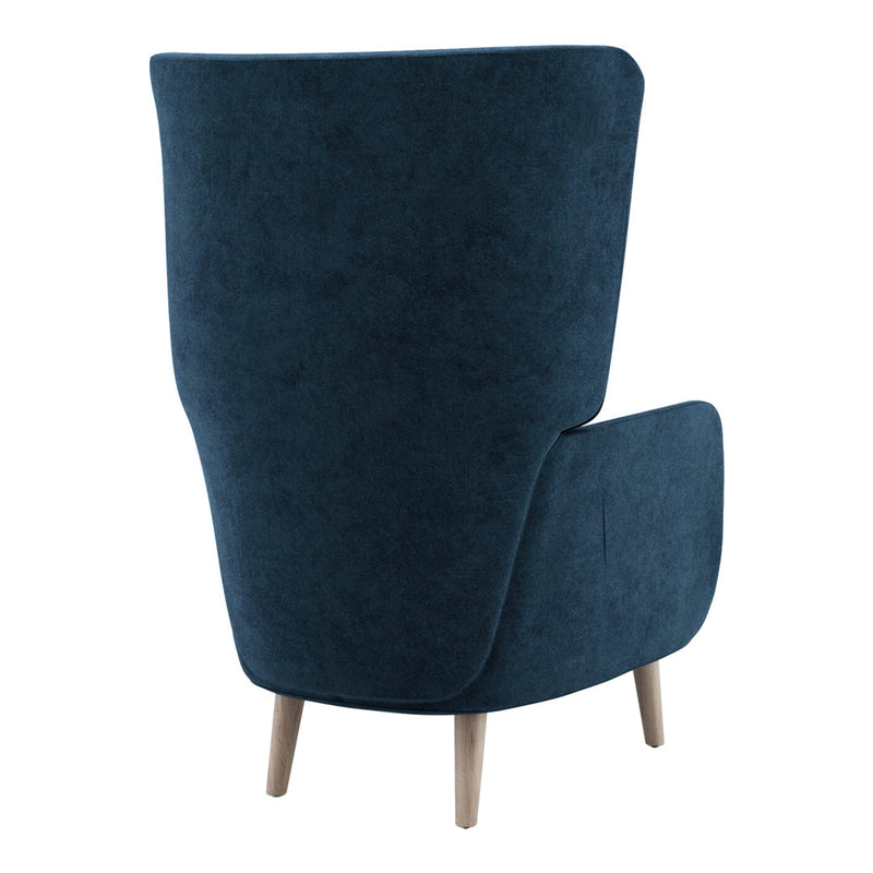Modern high-back chair in deep navy upholstery with smooth, clean lines and light wooden legs.