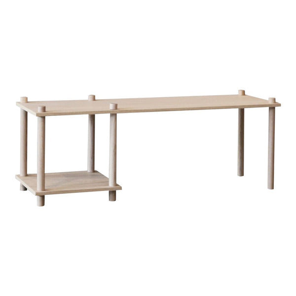 Light beige wooden desk with a minimalist design and a lower shelf for storage.