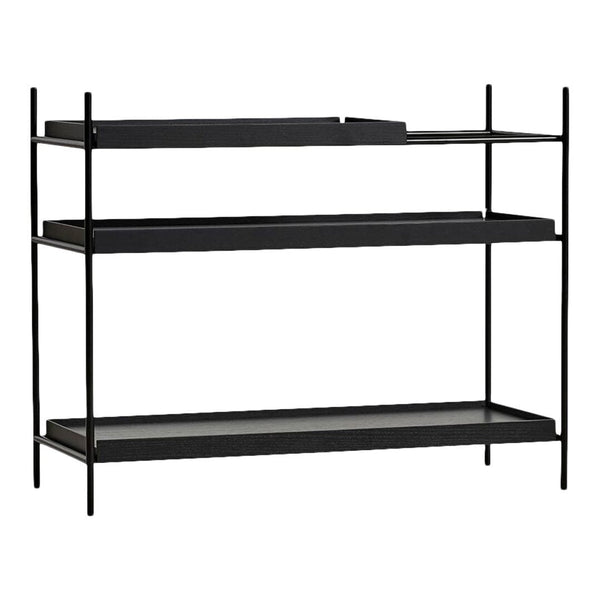 "Modern black metal shelf with a sleek, minimalist design and clean lines."
