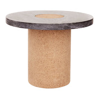 Round table with a dark gray top and textured cork base, showcasing a modern, minimalist design.