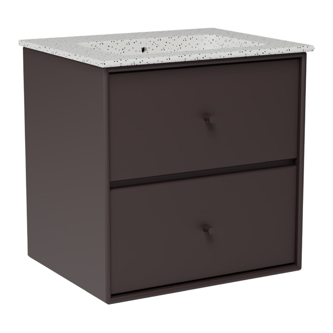 Dark brown cabinet with two drawers and a speckled white countertop. Modern design for stylish organization.