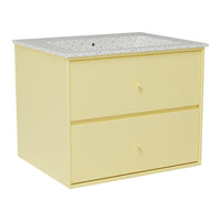 Yellow two-drawer cabinet with a speckled white countertop, perfect for adding a pop of color to any space.