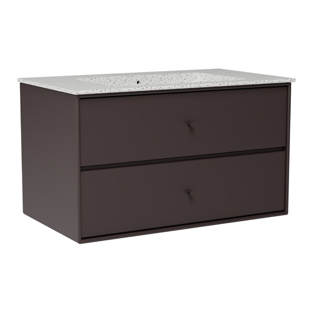 Dark brown vanity cabinet with a speckled white countertop and two spacious drawers. Ideal for modern bathroom decor.