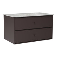 Dark brown vanity cabinet with a speckled white countertop and two spacious drawers. Ideal for modern bathroom decor.