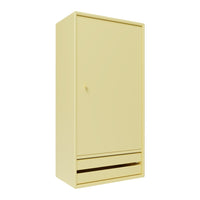 Yellow wardrobe with a smooth finish and minimalistic design, featuring a single drawer and seamless handle.