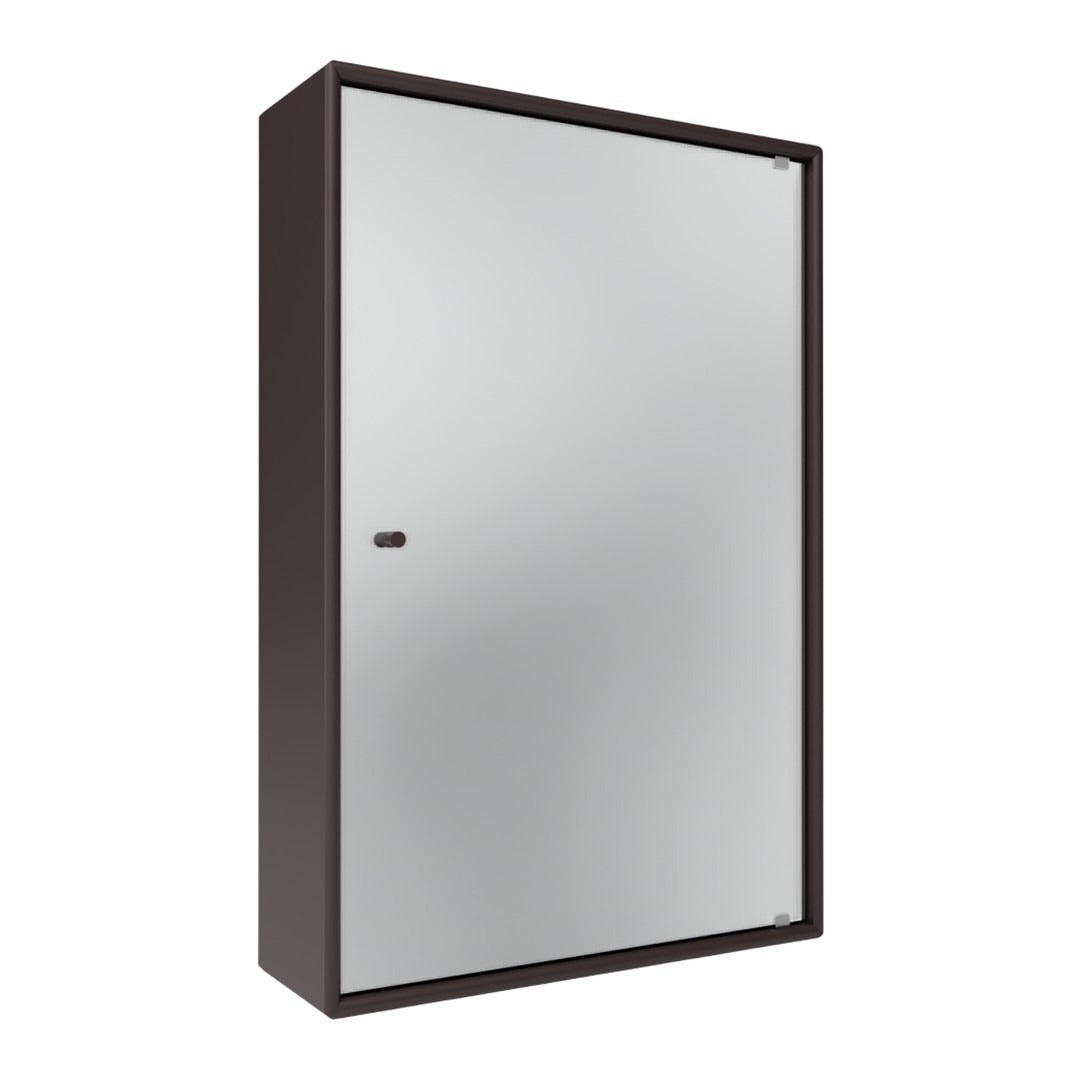 Brown-framed cabinet with a sleek mirrored front, featuring a minimalistic, modern design.