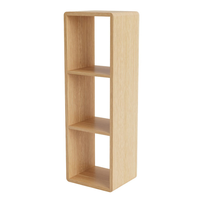 Light oak wood bookshelf with a simple, sleek design and three open compartments. Ideal for modern decor.