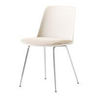 Minimalist white chair with a smooth seat and curved back, featuring sleek chrome legs. Ideal for modern decor.
