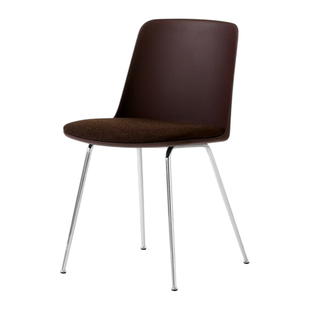Brown chair with a smooth, matte finish and chrome legs, featuring a simple, modern design. Ideal for minimalist decor.