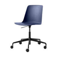 Navy blue plastic chair with a modern design and black rolling base, featuring a smooth, minimalist surface.