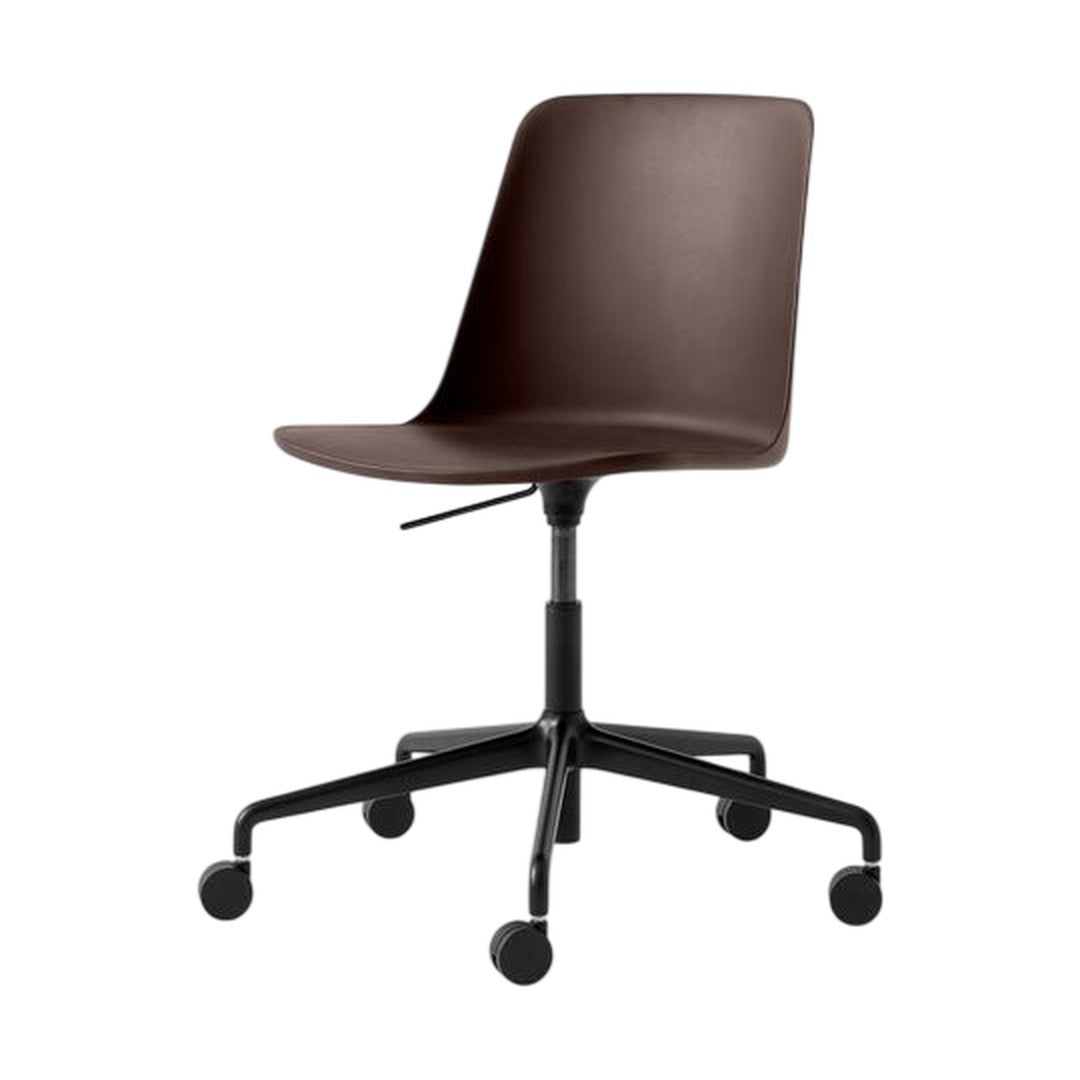 Brown molded chair with a sleek design and black wheeled base. Ideal for modern office or home use.