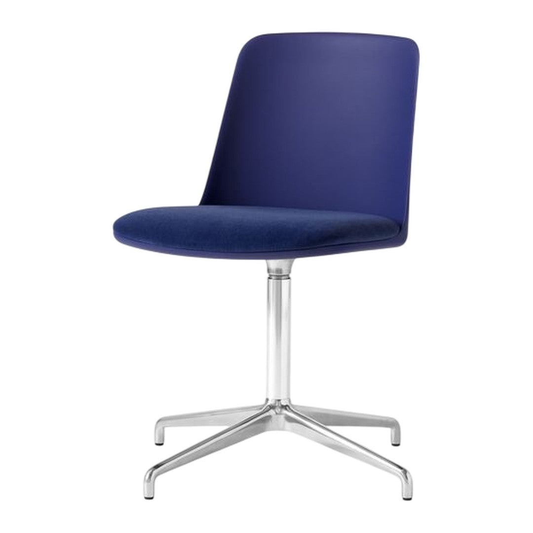 Modern chair in rich navy blue with a sleek chrome base, featuring a minimalist design and smooth fabric upholstery.