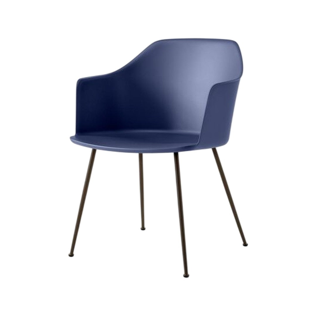 Navy blue plastic chair with sleek lines and black metal legs, perfect for modern decor.