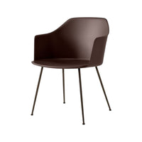 Brown molded chair with sleek lines and minimalist black metal legs, perfect for modern interiors.