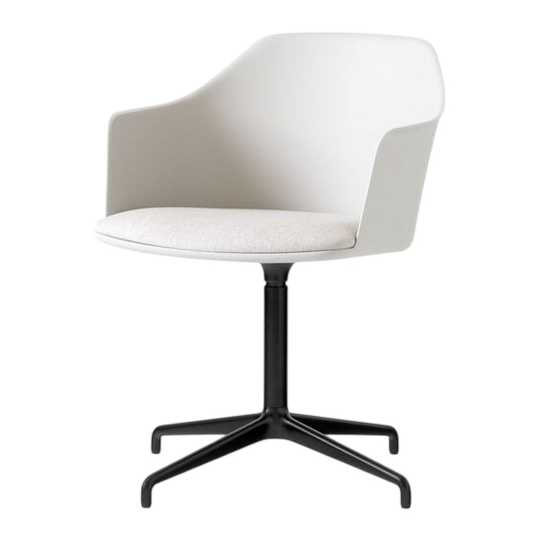 Modern white chair with smooth curves, featuring a light fabric cushion and a sleek black metal base. Elegant and minimalist design.