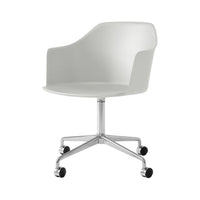 Modern white office chair with sleek lines and a smooth surface, featuring a polished chrome base and rolling wheels.