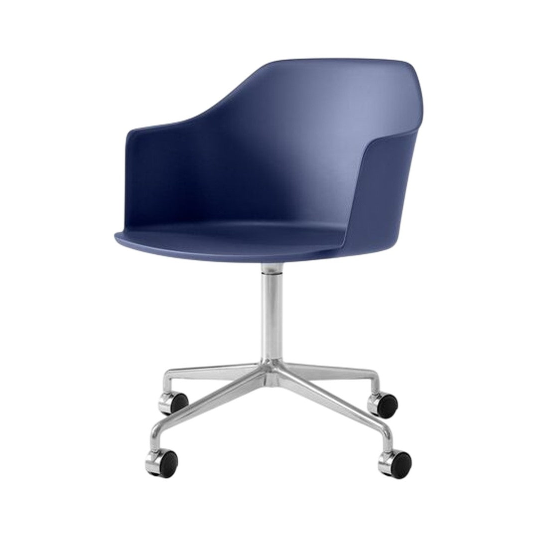 Navy blue swivel chair with a sleek design and a smooth, glossy finish. Modern style and versatile for any space.