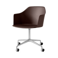 Brown swivel chair with sleek design and chrome base, featuring a minimalist silhouette and smooth finish.