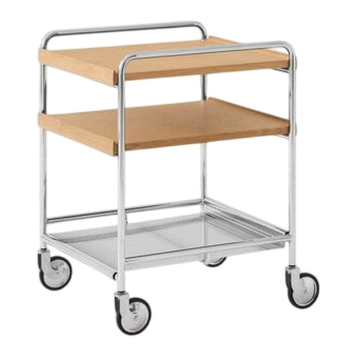 "Chrome metal rolling cart with natural wood shelves and a sleek, modern design."