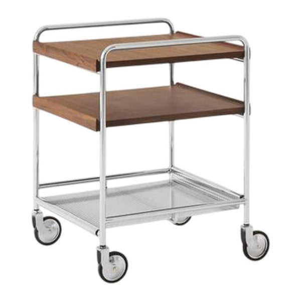 Wooden top shelves with a chrome frame and a metallic base, featuring sleek lines and a modern design.