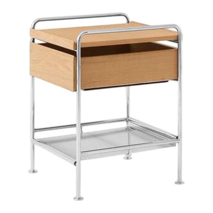 "Modern nightstand with a light wood finish and chrome metal frame, featuring one drawer and an open shelf."