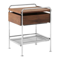 Wooden nightstand with a rich walnut finish and sleek chrome frame, featuring a minimalistic design.