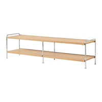 Natural wood finish with light beige tones and sleek silver metal frame; modern, minimalist design.