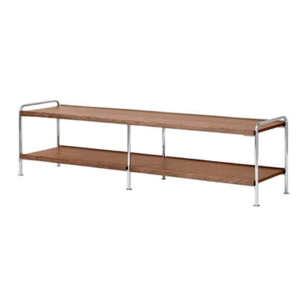 Wooden shelf with a warm brown finish and sleek chrome frame, featuring two open tiers and a minimalist design.