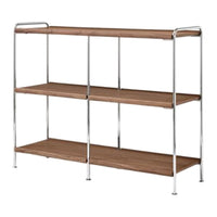 Wooden shelves with a warm brown finish and sleek chrome frame, featuring a minimalist design. Perfect for modern decor.