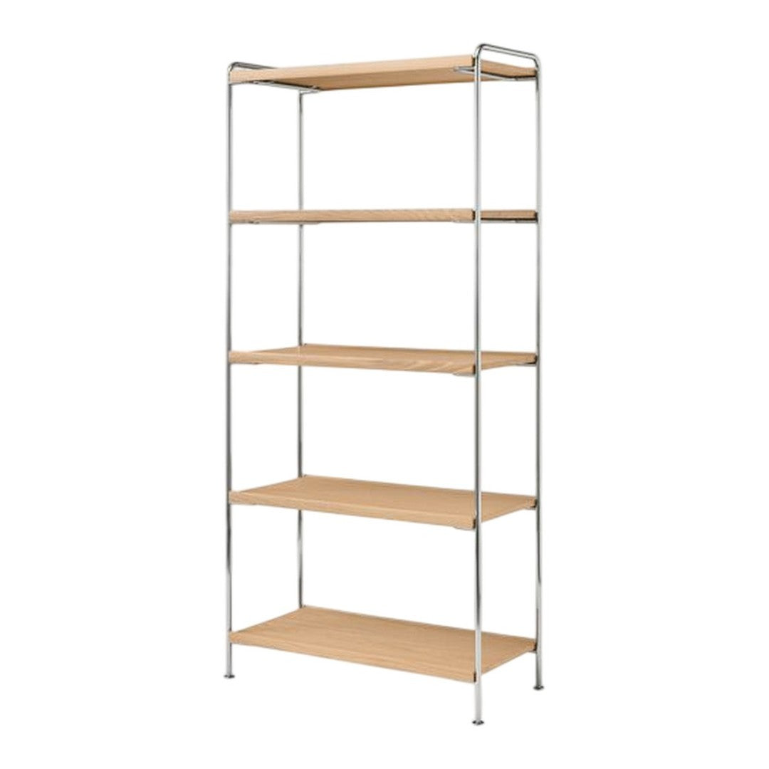 Minimalist chrome shelf with light wood shelves in a clean, modern design. Perfect for any contemporary space.