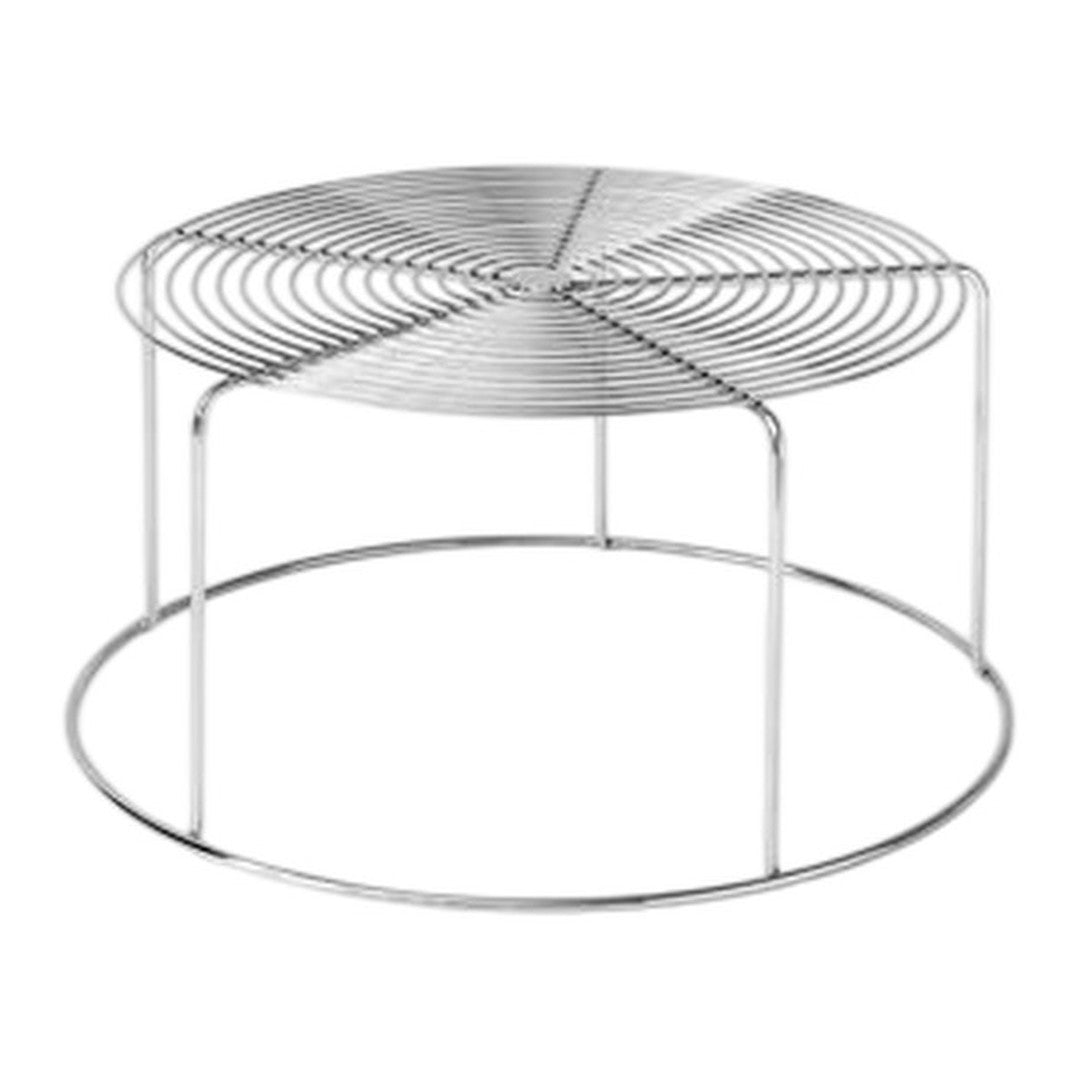 Silver wireframe round rack with spiral pattern, minimalist design, ideal for kitchen and display use.