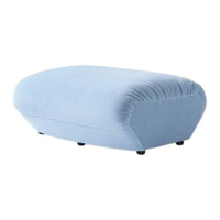 Sleek light blue upholstered ottoman with smooth, rounded edges and minimalist design. Perfect for modern decor.