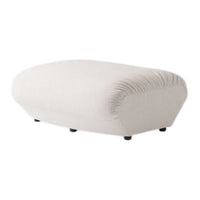Soft white upholstered ottoman with a smooth, rounded shape and subtle gathered detailing.