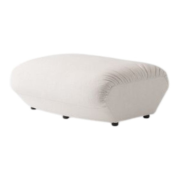 Soft white upholstered ottoman with a smooth, rounded shape and subtle gathered detailing.