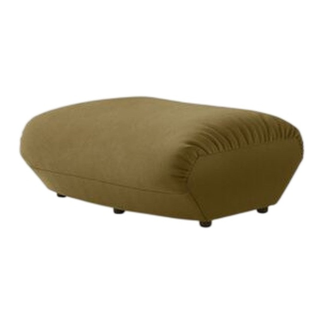 Olive green, smooth fabric pouf with rounded edges and subtle stitching detail, perfect for modern decor.