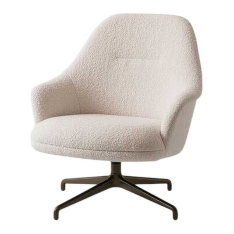 Textured beige lounge chair with soft, cozy fabric and a sleek black metal base. Ideal for modern interiors.