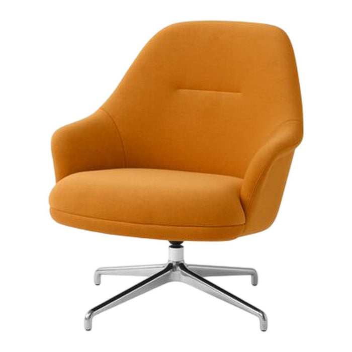 Chic orange upholstered chair with smooth contours and a sleek chrome base, perfect for modern decor.