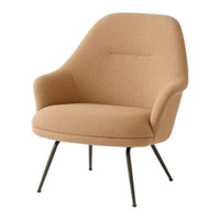 Soft tan upholstery with a smooth, minimalistic design; complemented by sleek black metal legs.