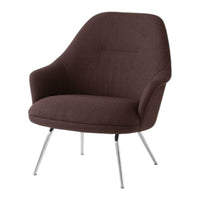 Brown upholstered chair with a modern silhouette and sleek chrome legs, featuring a textured fabric pattern.