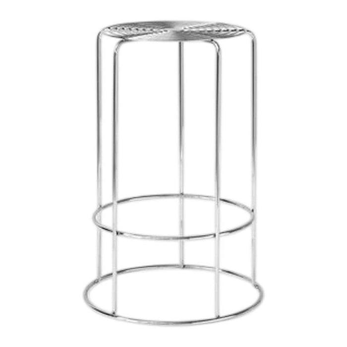 Sleek chrome bar stool with a perforated circular seat and minimalist design, perfect for modern spaces.