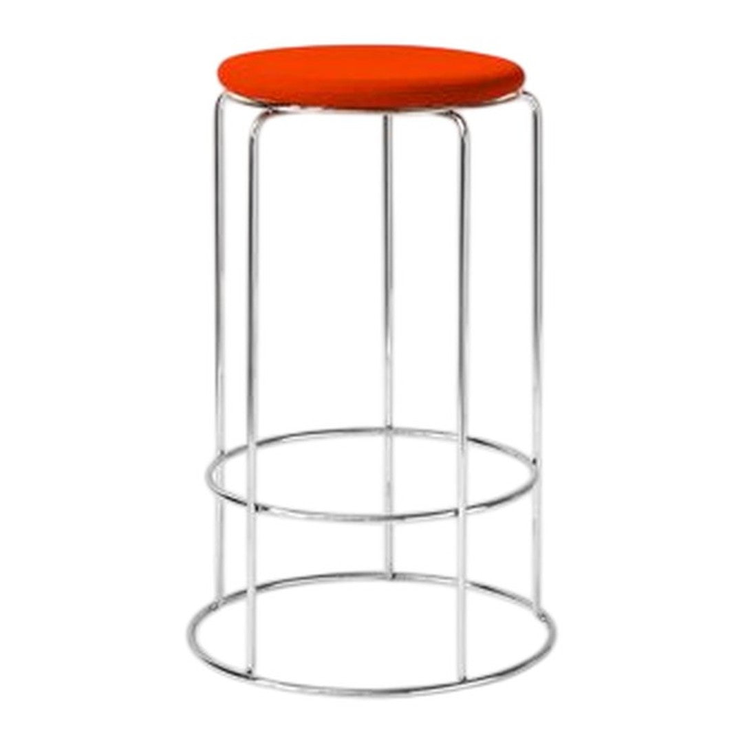 Modern chrome stool with a vibrant orange cushioned seat, featuring a minimalist design and sleek lines.