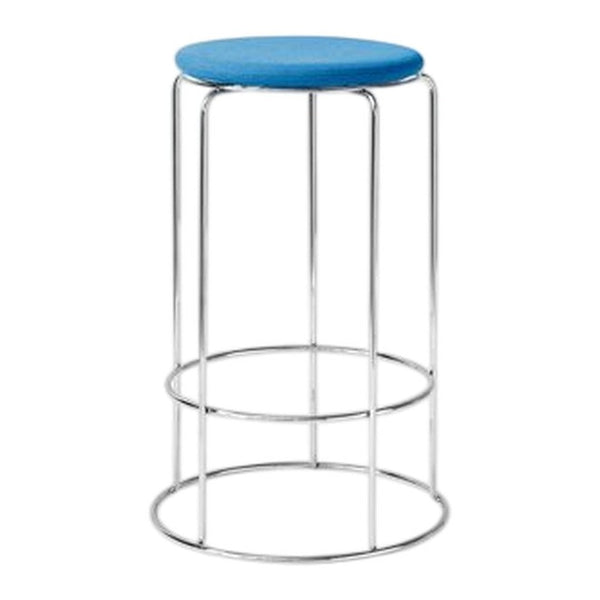 Blue padded stool on a sleek chrome base, featuring a modern minimalist design. Ideal for contemporary spaces.
