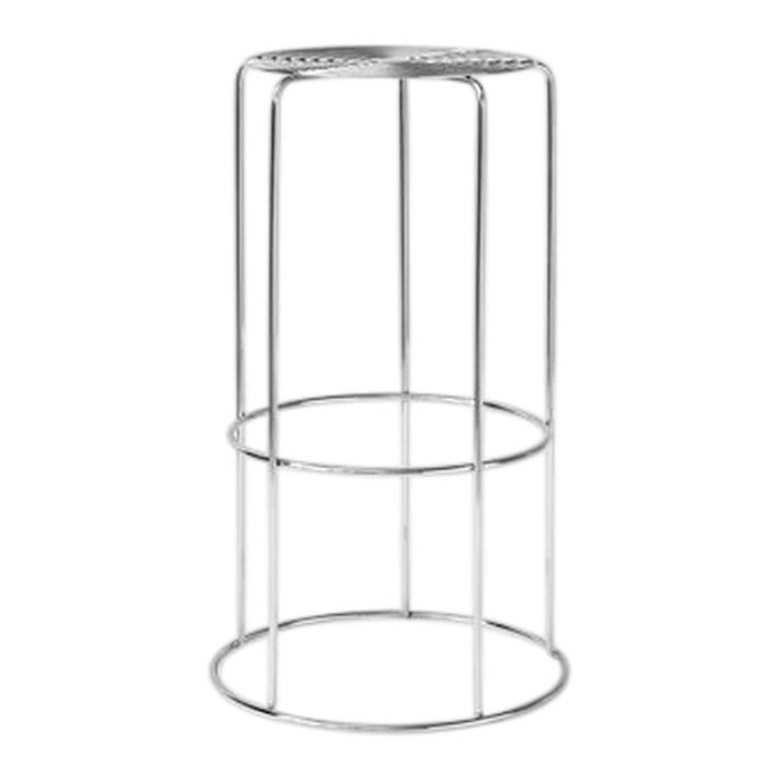 Silver metal stool with a minimalist design, featuring a smooth, shiny finish and a circular perforated top pattern.
