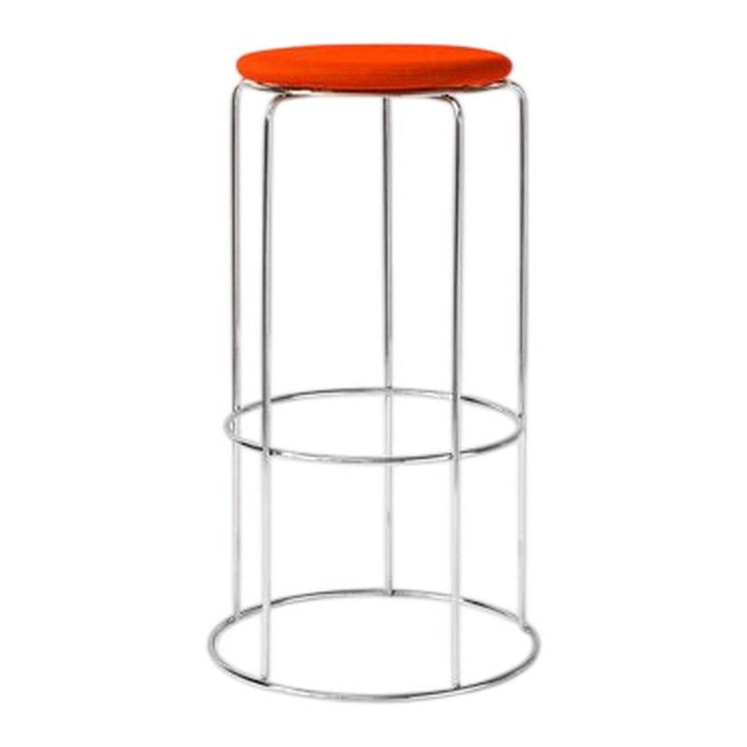 Orange upholstered seat on a sleek chrome frame bar stool, minimalist design with no patterns.