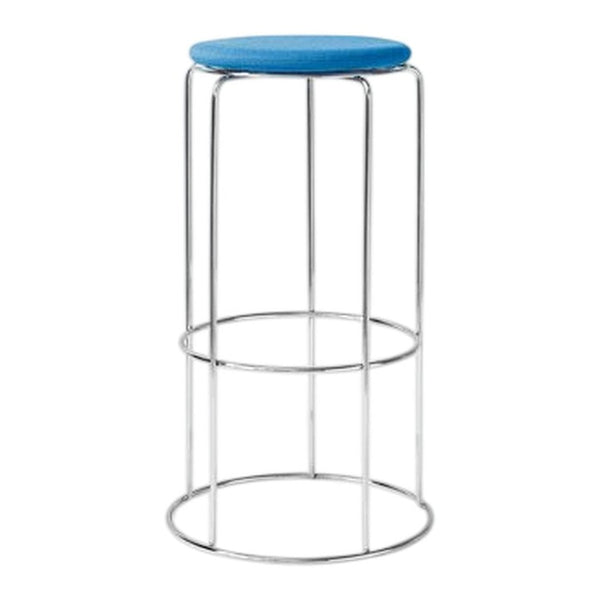 Blue upholstered stool with a sleek chrome frame, featuring a minimalist design and smooth finish.