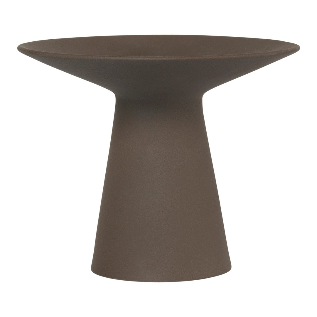 Brown minimalist side table with a smooth, matte finish and a contemporary geometric shape.
