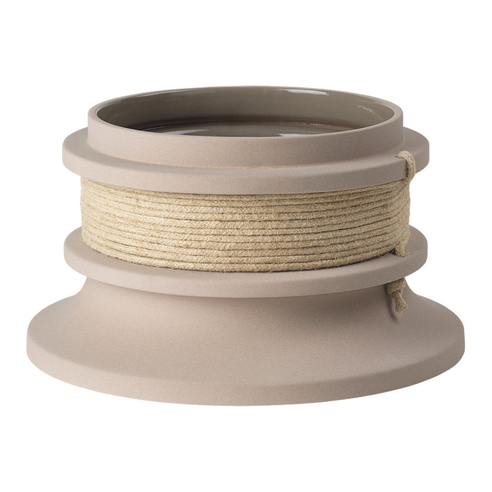 Elegant taupe planter with textured rope detail and glossy gray interior, perfect for modern decor.