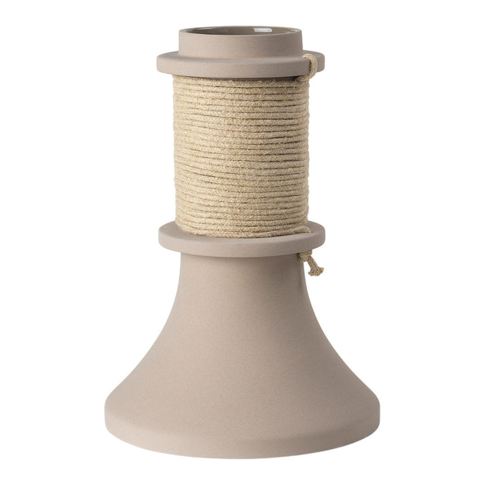 Beige ceramic candle holder with a natural rope accent, featuring a minimalist design and smooth finish.